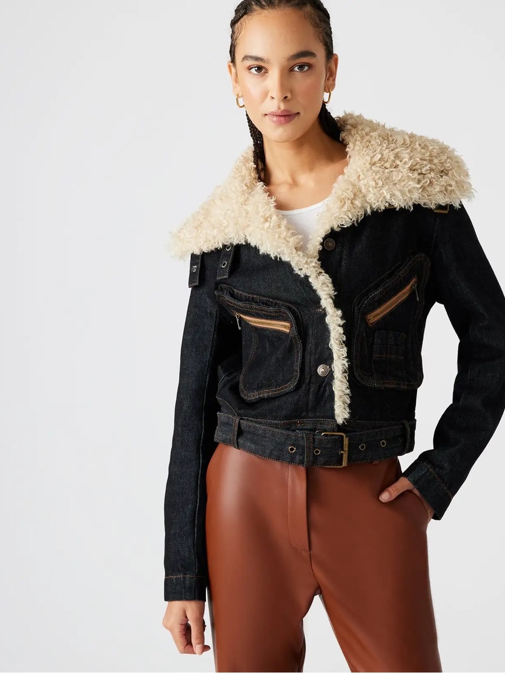 Steve Madden Lazuli Denim Jacket Small with Cream Shearling Collar
